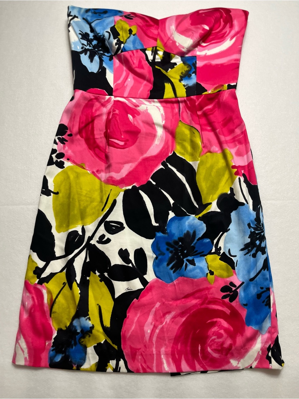 Trina Turk Strapless Floral Dress in Hot Pink, Blue & Lime missing belt